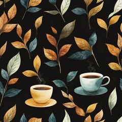 Wall Mural - A seamless pattern of leaves and cups with yellow, blue, and orange colors on a black background