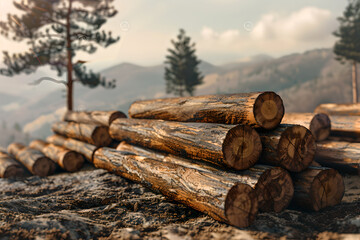 Wall Mural - Deforestation, bunch of felled tree logs. Forest destruction, clearance, felling trees. Cutting down wood, timber logging. Work clearcutting for stock of building materials