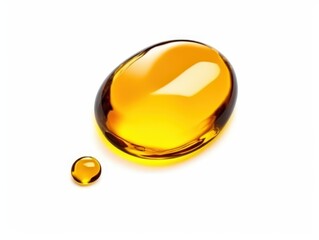 Poster - High-quality close-up of essential oil droplet on white background, showcasing unique texture and vibrant amber color in a minimalist composition