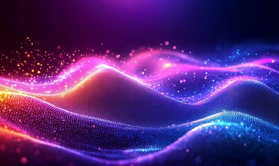 Wall Mural - Lines, network and connection with light, dots and streaming for development of information technology. Futuristic innovation, internet and waves for data, cloud computing and digital, Generative AI