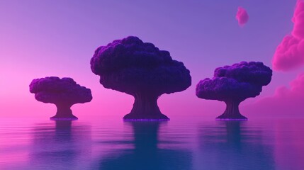 Three surreal, cloud-like trees float on a vibrant, purple-pink water surface at sunset.