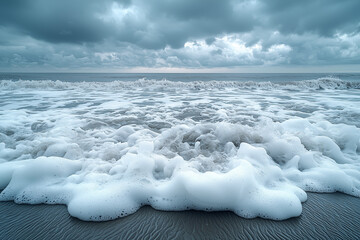 Wall Mural - A close-up view of a grey sky with thick, swirling clouds over a quiet coastal landscape, evoking isolation and tranquility before a storm, with subdued, cool tones and a melancholic atmosphere.