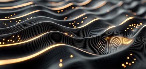 Fototapete - A visually striking abstract representation of flowing waves with glowing particles, embodying a sense of movement and depth.