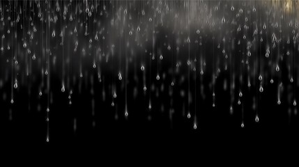 Poster - Isolated Raindrops Falling Downward Against a Dark Background, Creating a Soothing Atmosphere with Depth and Texture in a Visual Composition