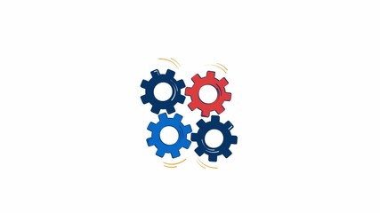 Poster - Four interconnected gears rotating 2D object doodle animation. Mechanical parts cartoon 4K video drawing. Teamwork, collaboration, mechanics animated flat element isolated on white background