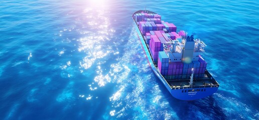 A cargo ship loaded with containers sailing on a shimmering ocean.