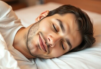 Wall Mural - Sleeping male person in a relaxed pose on a white bed with a warm glow