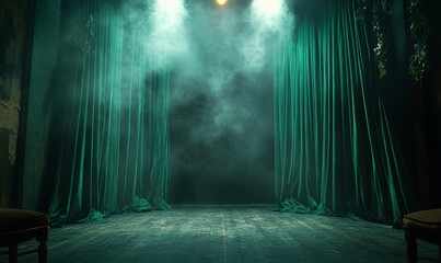 Wall Mural - Empty theater stage with red velvet curtains. Spotlight showtime copy space, Generative AI