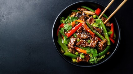 Sticker - Delicious beef stir-fry with vibrant bell peppers, snap peas, and mushrooms in a savory wok dish. food background for menu, book, website