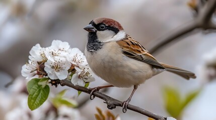 Wall Mural - A sparrow perched on a branch with blooming flowers in a serene natural setting.