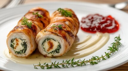 Wall Mural - Juicy chicken rolls stuffed with cheese and spinach, paired perfectly with cranberry sauce for a delightful meal experience. food background for menu, book, website