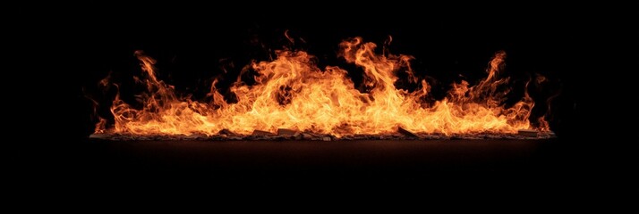 Poster - Large orange flames rising from burning wood on black background. Creating a dramatic and powerful image of heat and destruction. Suitable for concepts related to fire safety. Emergency. And disaster