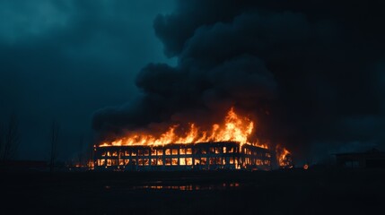 Poster - Intense flames engulfing a large building at night, creating a dramatic scene filled with bright orange fire and thick black smoke swirling into the dark sky