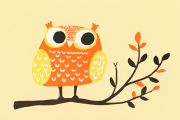 Sticker - colorful owl with large eyes perched on branch, surrounded by leaves