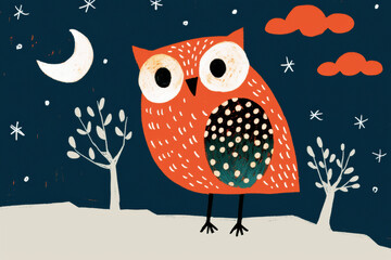 Sticker - friendly owl with fluffy body stands under starry night sky