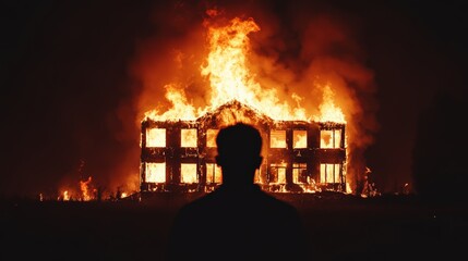 Poster - Silhouette of man watching a burning building engulfed in flames at night, creating a dramatic and devastating scene of destruction and loss