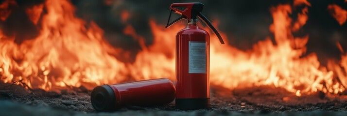 Poster - Fire extinguisher and its spare cylinder standing on the ground with blurred burning flames on background during a fire emergency situation