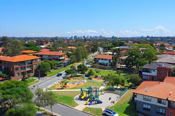 Aerial view of a suburban area featuring a playground and residential buildings.