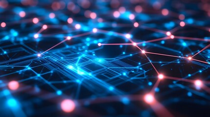 Poster - Abstract digital network visualization, vibrant blue and pink connections, highlights technology and innovation concepts, suitable for tech presentations.