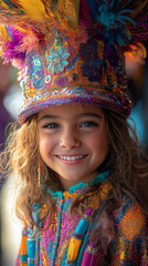 Wall Mural - A close-up of a child in a festive Jewish carnival costume, capturing the joy and excitement of Purim celebrations with bright colors and playful accessories.