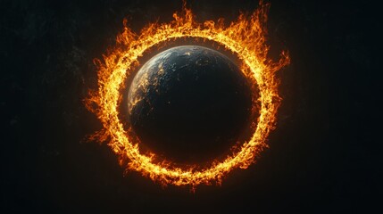 Poster - Planet earth engulfed in flames within a fiery ring, emphasizing the urgent crisis of global warming and climate change against the backdrop of outer space