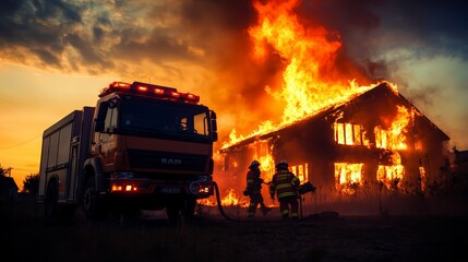 Poster - Two firefighters battling fierce flames and thick smoke near a firetruck, working diligently to extinguish a burning house at sunset, with vibrant colors lighting up the dramatic sky