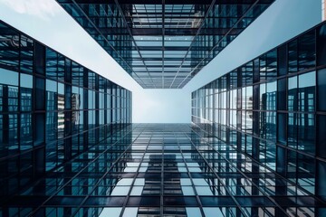 Wall Mural - Low angle view of modern glass skyscrapers converging towards a bright sky, creating a sense of awe and architectural grandeur