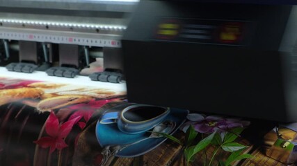 Poster - Industrial printing on woven material a modern digital inkjet printer applies a pattern to a fabric or paper
