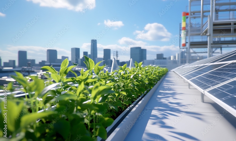 Urban rooftop garden with plants and solar panels against a city ...