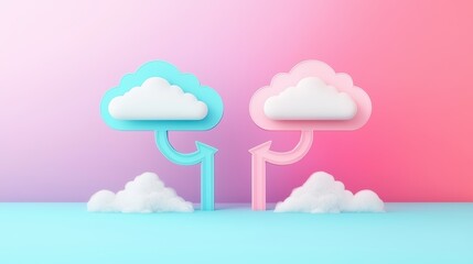 Wall Mural - Two cloud icons connected by a double headed arrow, one pointing upwards and the other downwards, symbolizing seamless data transfer and synchronization.