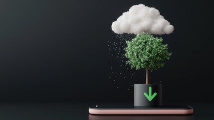 Poster - A smartphone icon with a green upward arrow pointing towards a cloud icon above it, illustrating the uploading of photos or files from a mobile device.