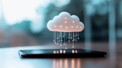 Poster - A smartphone, tablet, and laptop icon surrounding a central cloud icon, with arrows indicating data syncing across multiple devices.