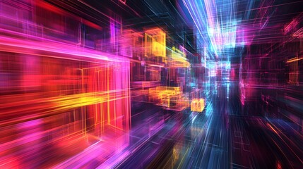 Poster - Glowing abstract lines and waves in purple and blue with a dynamic, fractal design and smooth motion, creating a vibrant energy-filled background