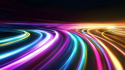 Poster - Glowing abstract lines and waves in purple and blue with a dynamic, fractal design and smooth motion, creating a vibrant energy-filled background