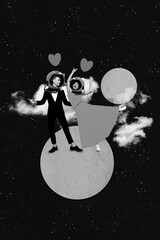 Wall Mural - Photo sketch collage graphics artwork picture of smiling carefree couple enjoying another planet trip isolated drawing background