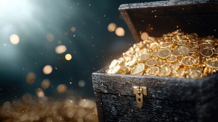 An overflowing treasure chest filled with gold coins and bars, sparkling under soft lighting, evoking a sense of adventure, discovery, and fortune.