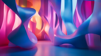 Poster - Colorful abstract shapes in dynamic flow, vibrant hues creating an immersive space, suitable for artistic installations and events.
