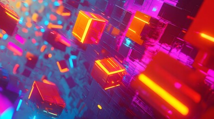 Poster - Vibrant digital landscape, abstract colorful blocks in neon hues, ideal for tech themes and modern design projects.
