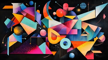 Poster - colorful geometric abstract artwork, vibrant shapes and forms against a dark background, ideal for m