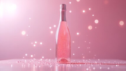 Wall Mural - Sparkling pink drink bottle with glittering background in soft light