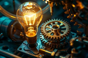 Poster - Glowing lightbulb powers intricate gear system, symbolizing innovation and industrial technology