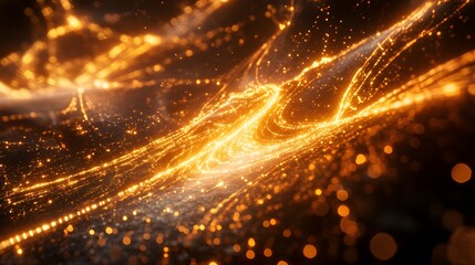 Poster - Abstract energy waves, dynamic golden streaks swirling on a dark background, perfect for technology and innovation themes.
