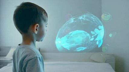 Happy smiling boy child in virtual reality headset in bright room, wearing white clothes. In low poly style, showing intelligent AI model with accurate wireframe design