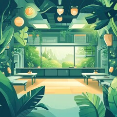 Wall Mural - Lush Greenery Classroom With Large Window And Tables