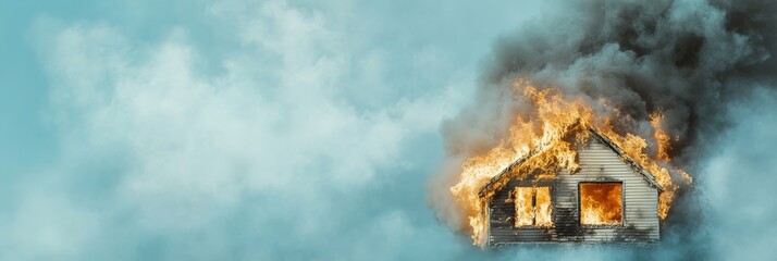 Poster - Flames and thick smoke engulfing a burning residential house under a cloudy sky, illustrating the dangers and potential devastation of house fires
