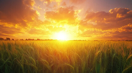 Wall Mural - Beautiful sunset over vast green wheat field under vibrant sky