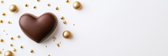 Poster - Heart shaped chocolate pastry lying on white surface surrounded by small golden spheres and confetti, creating a romantic atmosphere for valentine's day, anniversaries, or other special occasions