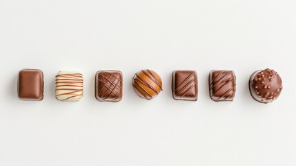 Poster - Seven assorted chocolates arranged in a horizontal line on a clean white background, creating an enticing display of gourmet sweet treats perfect for any celebration or special occasion