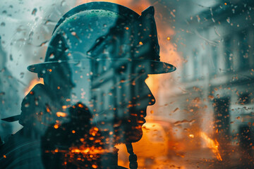 Poster - professional firefighter worker double exposure generative ai portrait