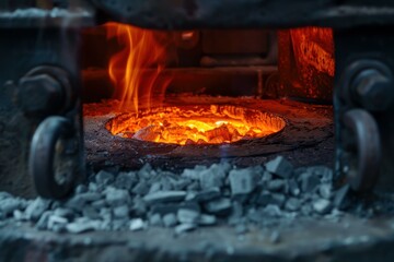 Wall Mural - Close up view of a vintage industrial furnace with burning coal, producing intense heat and flames